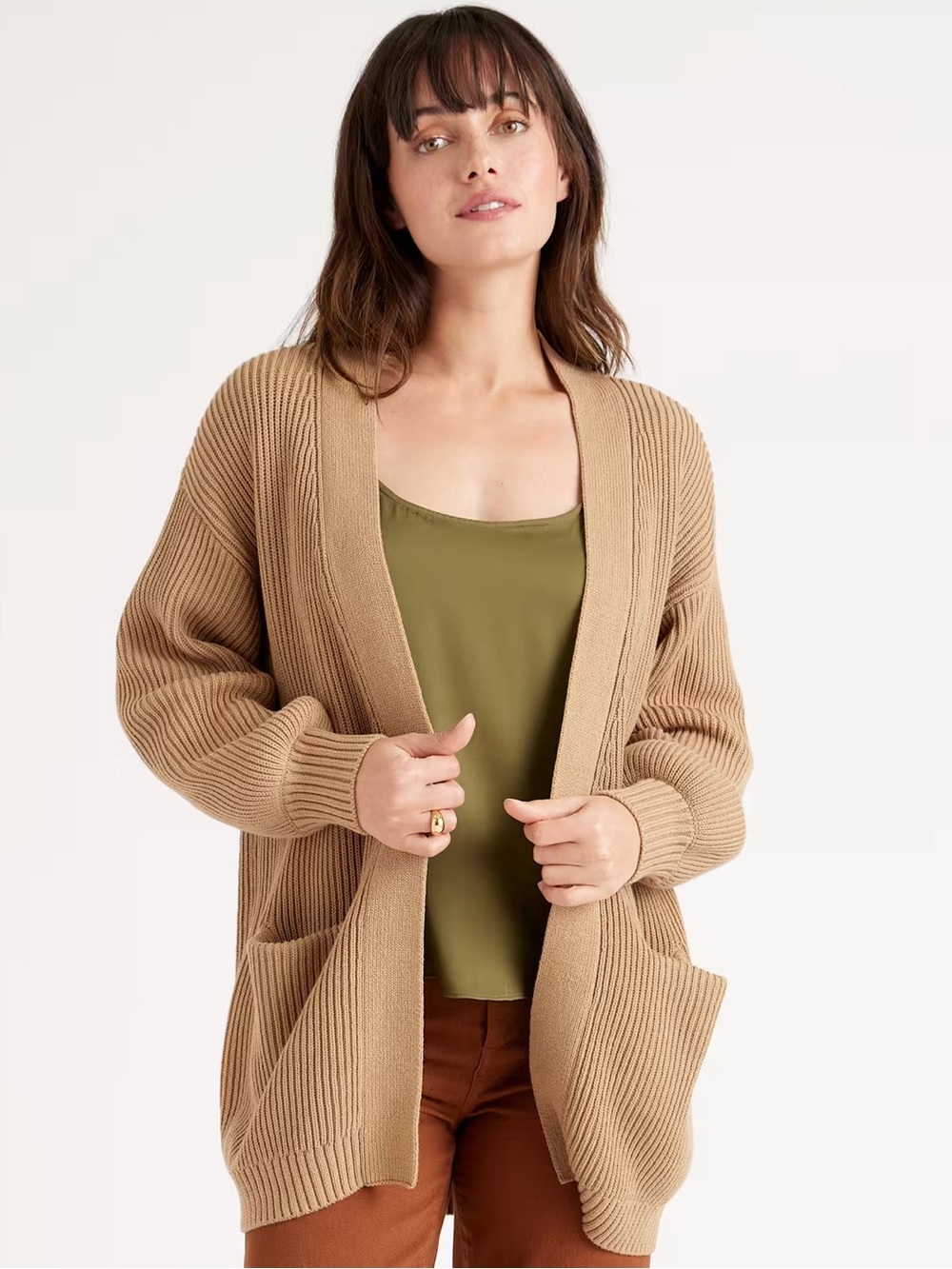 Quince Organic Cotton Camel Open Front Ribbed Oversized Cardigan Autumn Tan 2X